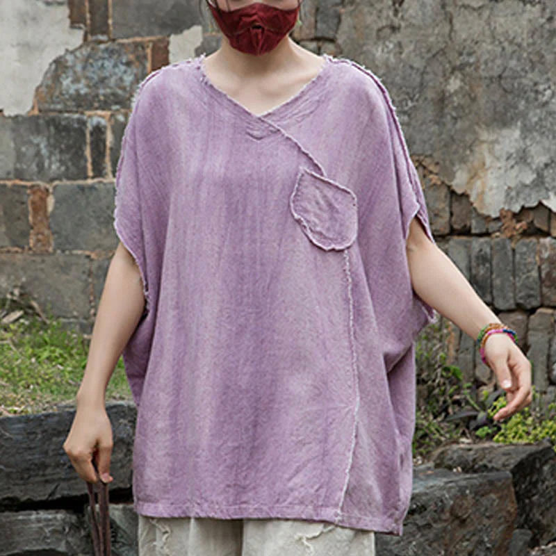 Buddha Stones Summer Tie-dye Linen V-Neck Short Sleeve Women's T-shirts