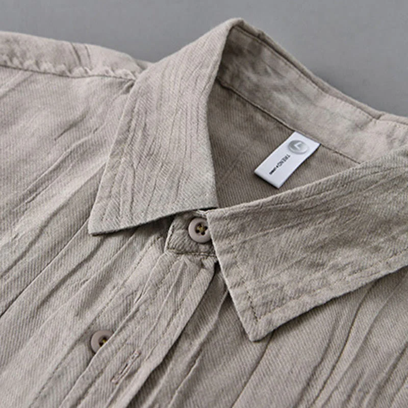 Buddha Stones Retro Pleats Buttons Men's Long Sleeve Ramie Linen Shirt With Pockets
