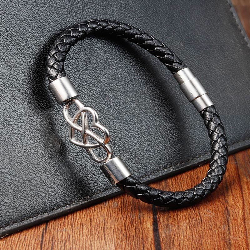 Buddha Stones Endless Knot Heart Leather Titanium Steel Strength Buckle Bracelet