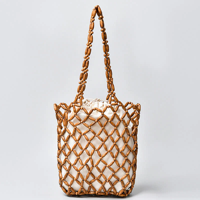 Buddha Stones Hand-woven Wooden Beads Shoulder Bag Handbag