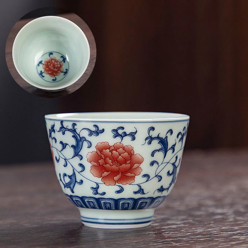 Buddha Stones Blue Landscape Mountains Lotus Cute Cat Pavilions Magnolia Reed Egrets Ceramic Teacup Small Kung Fu Tea Cup