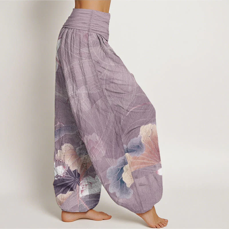 Buddha Stones Pure Cotton Lotus Flowers Leaves Pattern Women's Elastic Waist Harem Pants