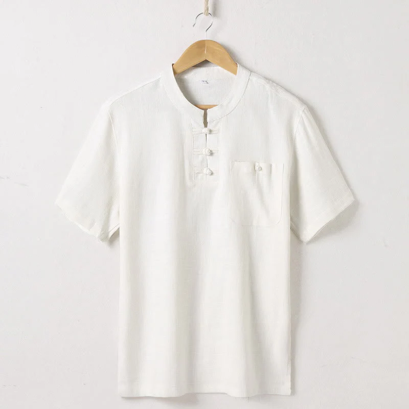 Buddha Stones Loose Men's Shirt Solid Color Notched Neck Top Short Sleeve Comfy Button Breathable Cotton Linen Shirt