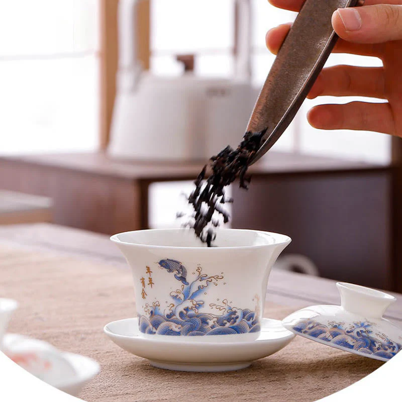 Buddha Stones White Porcelain Mountain Landscape Countryside Ceramic Gaiwan Teacup Kung Fu Tea Cup And Saucer With Lid