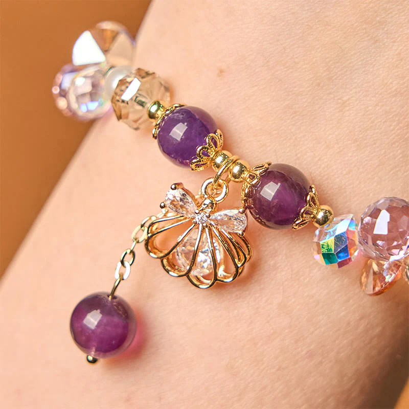 Buddha Stones Natural Amethyst Citrine Pearl Shell Peace Bracelet
