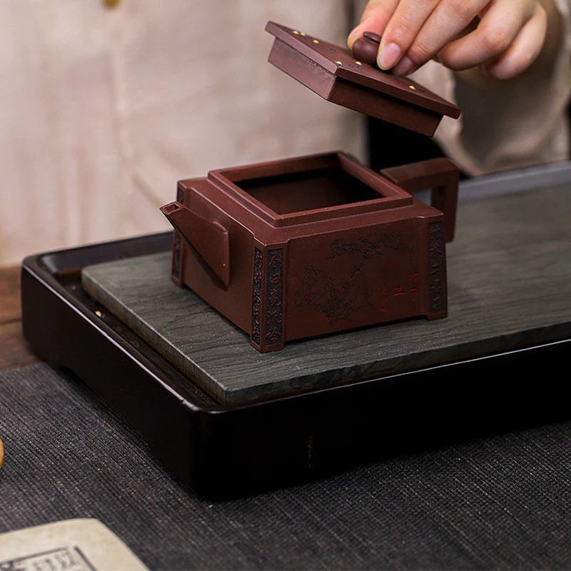 Buddha Stones Yixing All Handmade Gomoku Playing Chess Purple Clay Kung Fu Square Teapot 280ml