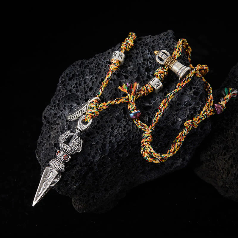 Buddha Stones Tibetan Handmade 925 Sterling Silver Dorje Vajra Om Mani Padme Hum Feather Strength Necklace Pendant