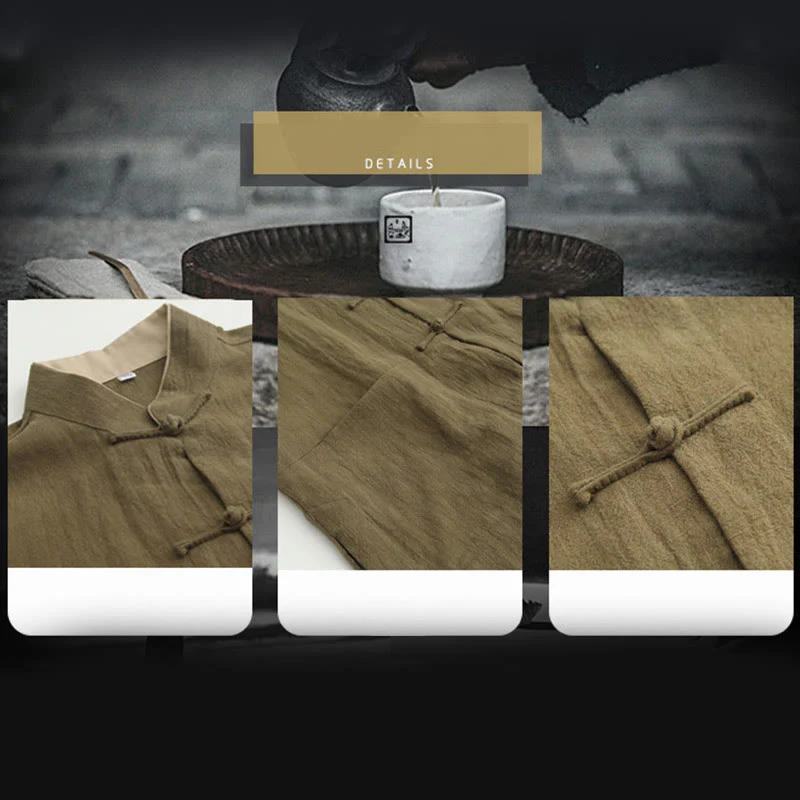 Buddha Stones Tang Frog-Button Long Sleeve Shirt Cotton Linen Men's Clothing