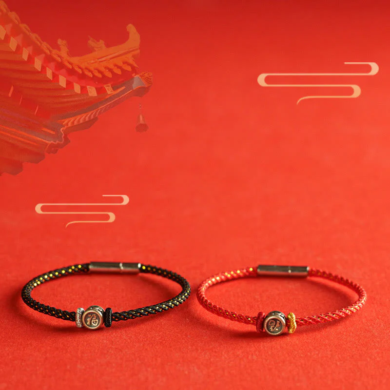 Buddha Stones Braided String 925 Sterling Silver Fu Character Faith Bracelet