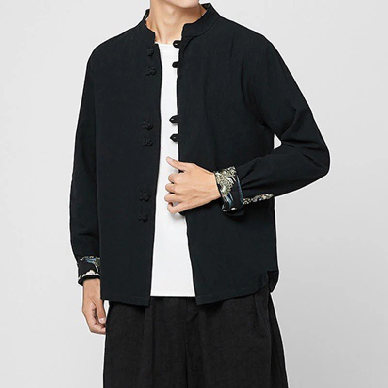 Buddha Stones Men's Frog-Button Dragon Pattern Cuffs Cotton Long Sleeve Shirt