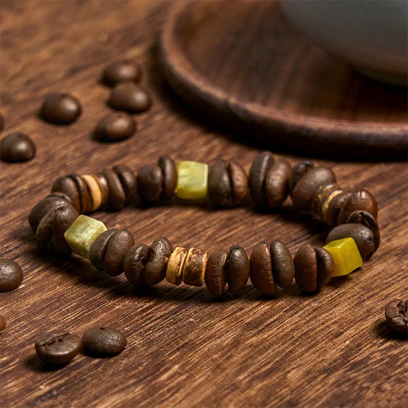Buddha Stones Handmade Natural Coffee Beans Coconut Shell Square Jade Positive Bracelet