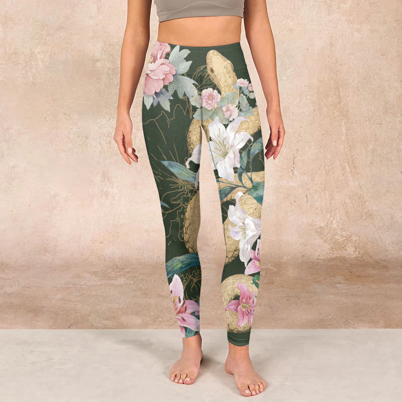 Buddha Stones Green Golden Snake Lily Peony Flowers Print Gym Leggings Women's Yoga Pants