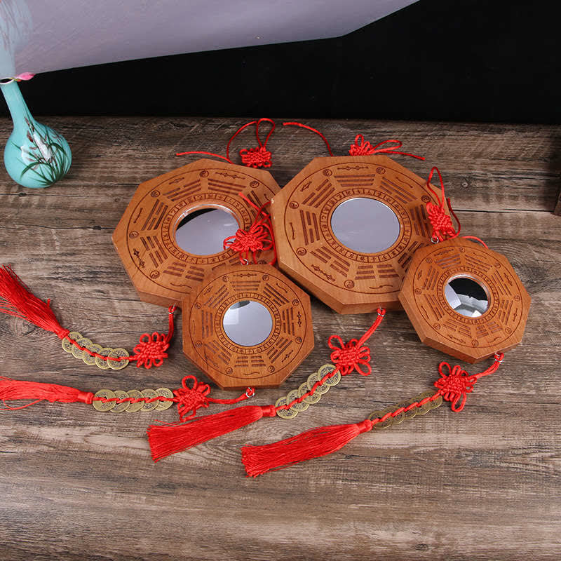 Buddha Stones Feng Shui Bagua Map Peach Wood Five-Emperor Coins Chinese Knotting Balance Energy Map Mirror