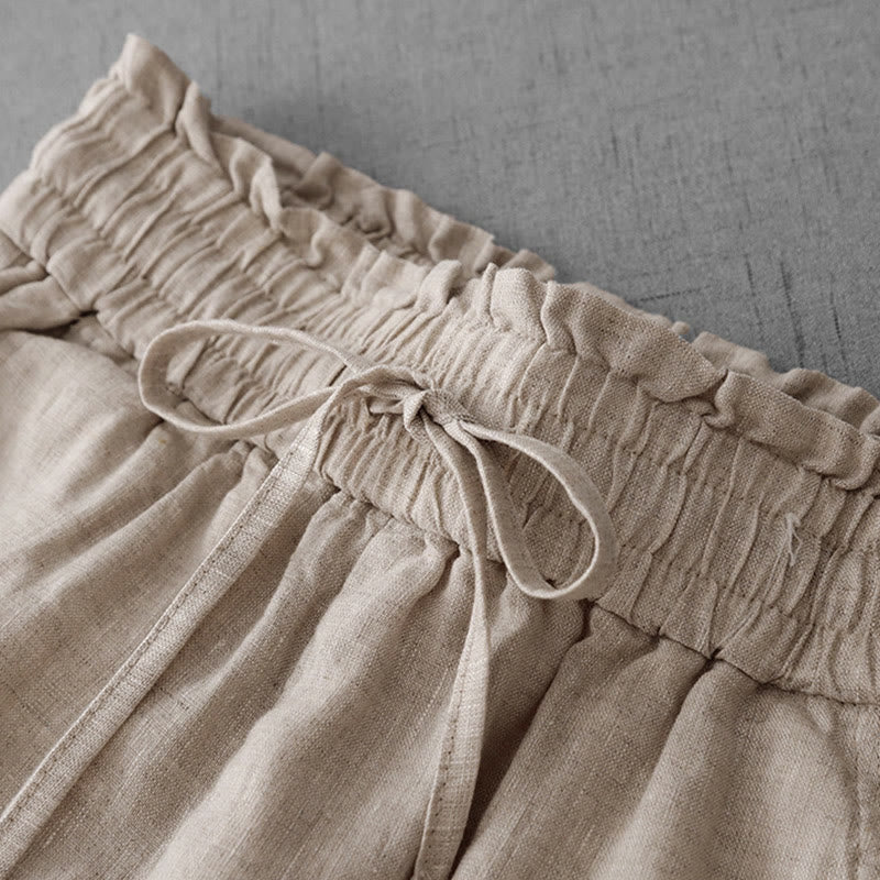 Buddha Stones Casual High Waist Ruffled Drawstring Design Women's Wide Leg Cotton Pants With Pockets