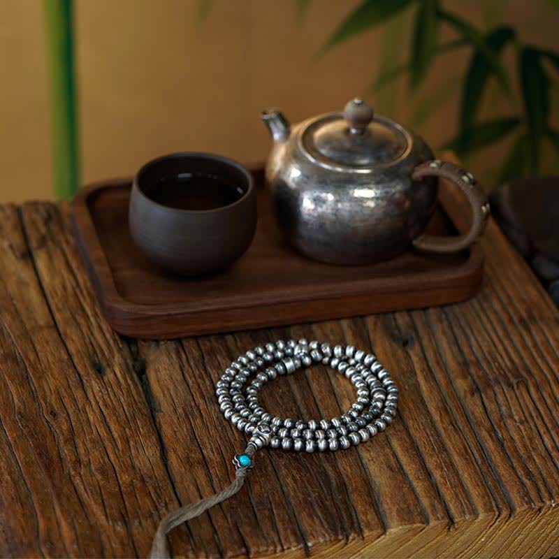 Buddha Stones 108 Mala Beads 925 Sterling Silver Red Agate Turquoise Confidence Charm Bracelet