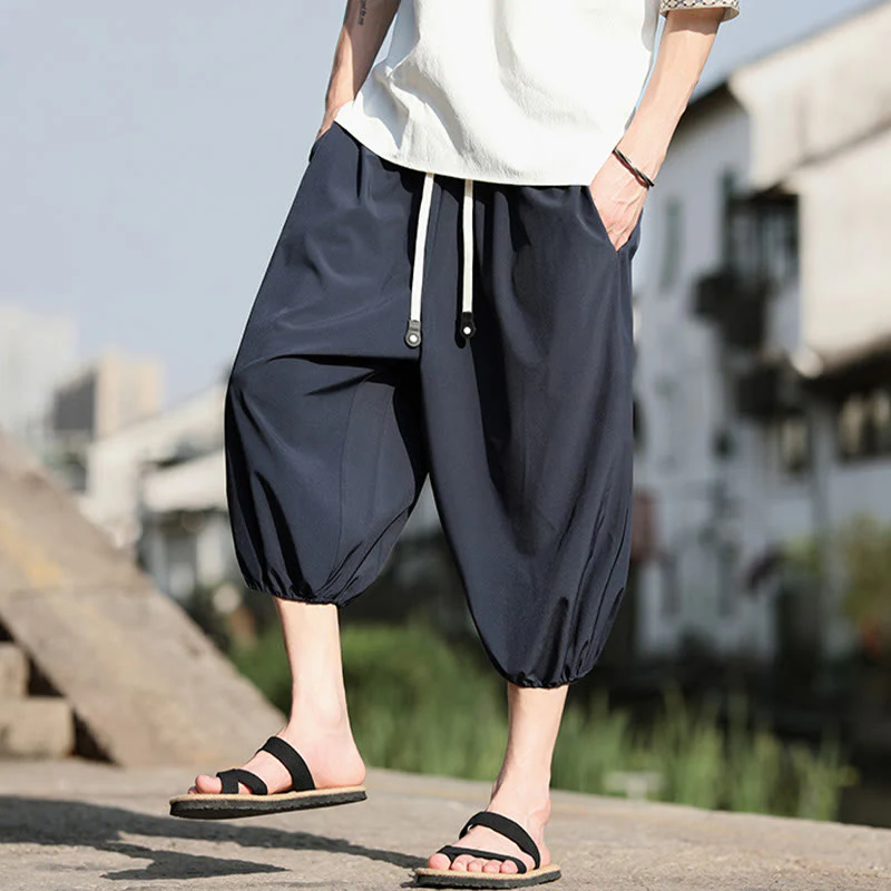 Buddha Stones Solid Drawstring Men's Capri Cropped Harem Pants With Pockets
