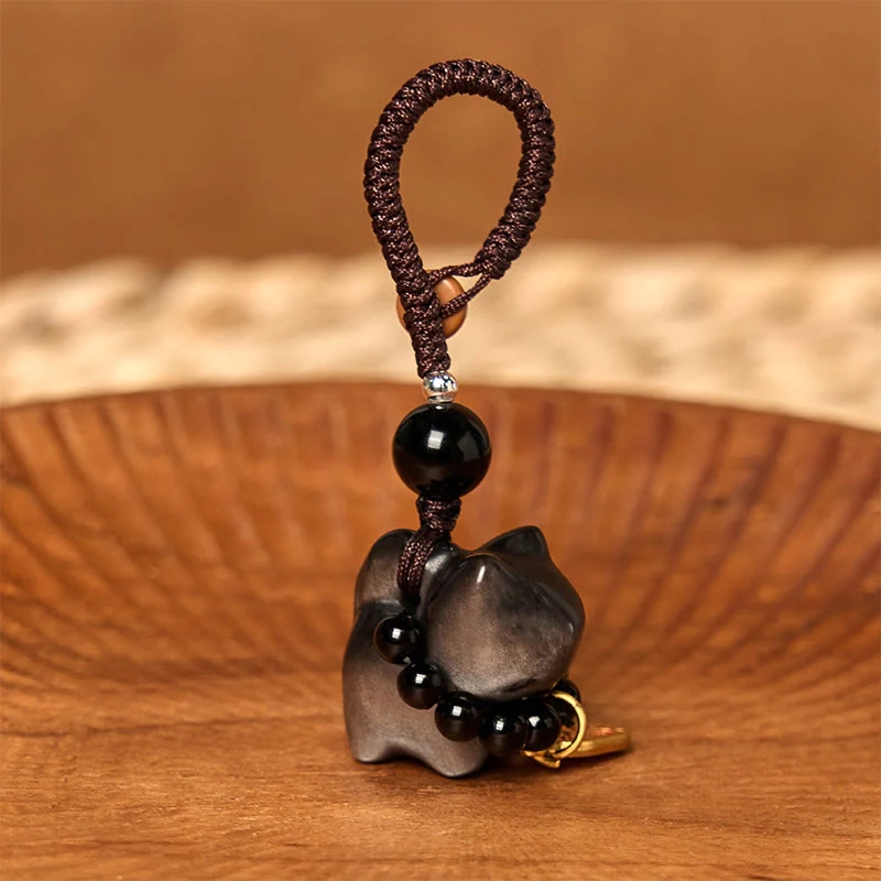 Buddha Stones Silver Sheen Obsidian Black Obsidian Gold Sheen Obsidian Cute Cat Fu Character Protection Key Chain Phone Hanging Decoration