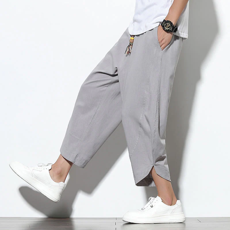 Buddha Stones Casual Summer Drawstring 7-8 Length Linen Men's Harem Pants With Pockets