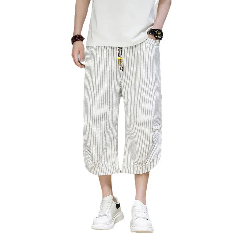 Buddha Stones Casual White Stripes Pattern Drawstring Button Design Men's Cotton Cropped Harem Pants With Pockets