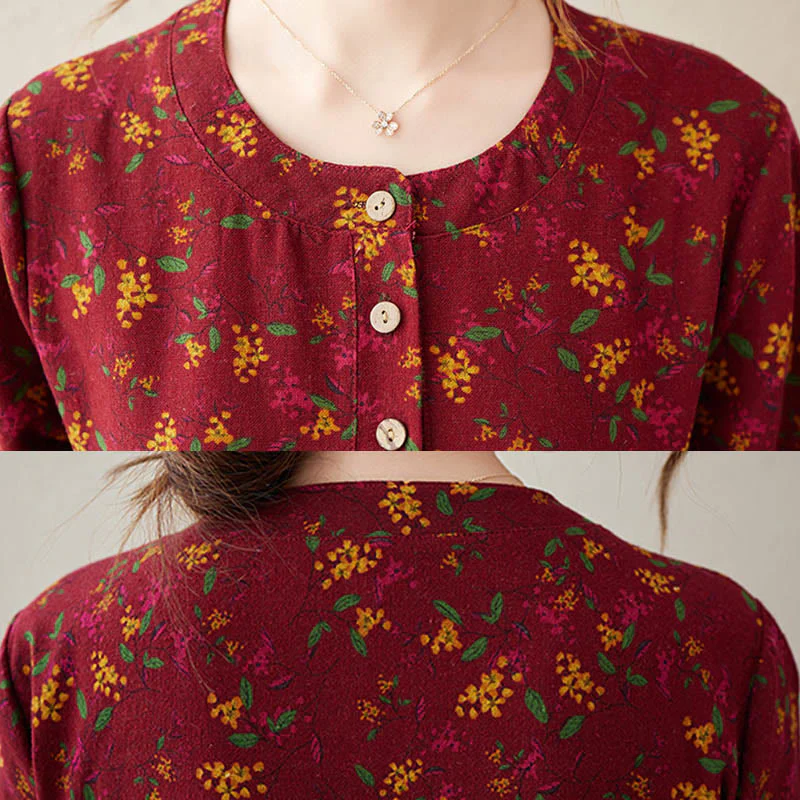 Buddha Stones Casual Ethnic Printing Floral Buttons Design Cotton Linen Midi Dress With Pockets