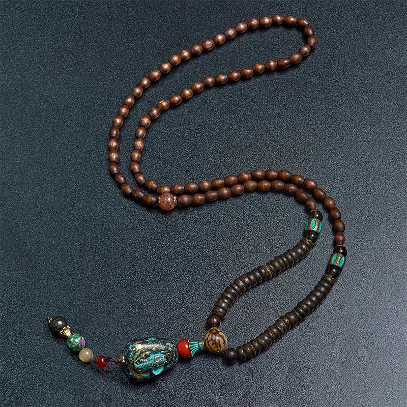 Buddha Stones Tibetan Handmade Wenge Wood Protection Dzi Bead Elephant Head Necklace Pendant