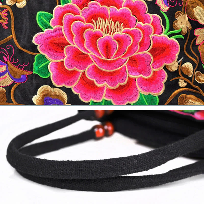 Buddha Stones Money Tree Peony Phoenix Apple Blossom Double-Sided Embroidery Cotton Canvas Shopping Purse Handbag