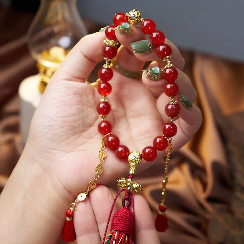 Buddha Stones 18 Beads Copper Coins Tibet Tassel Red Agate Calm Wrist Mala