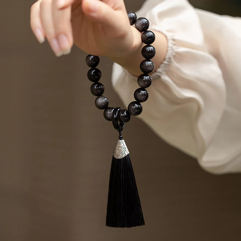 Buddha Stones Natural Silver Sheen Obsidian Black Obsidian Lion Wrist Mala Protection Tassels Pocket Mala Car Decoration