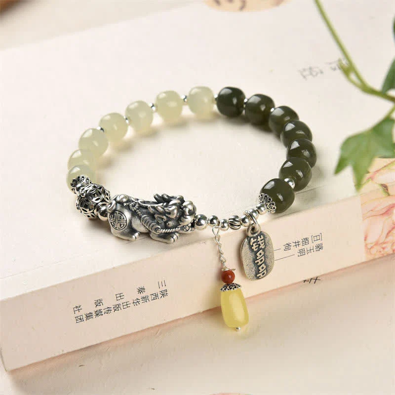 Buddha Stones 925 Sterling Silver Natural Hetian Jade Amber PiXiu Luck Bracelet