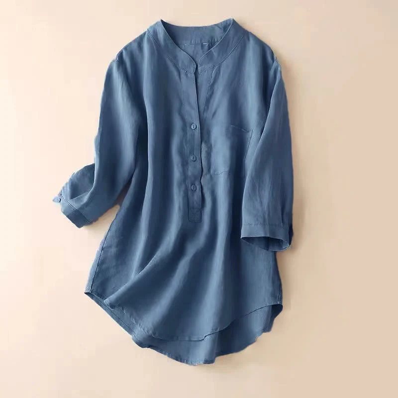 Buddha Stones Casual Women's V-neck Three Quarter Sleeve Design Plain Cotton Linen Shirt