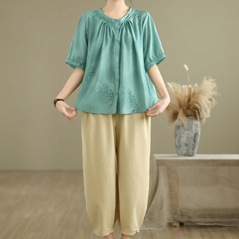 Buddha Stones 2pcs Casual Women's Short Sleeve Shirt Harem Pants Meditation Clothing Set