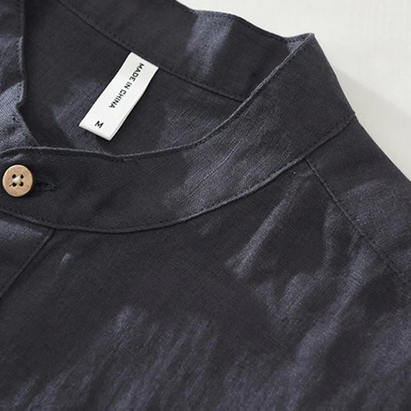 Buddha Stones Summer Half Buttons Design Lapel Men's Short Sleeve Linen Shirt With Pocket