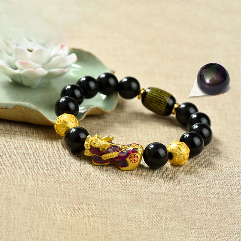 Buddha Stones Fengshui Copper Pixiu Rainbow Obsidian Beads Wealth Bracelet