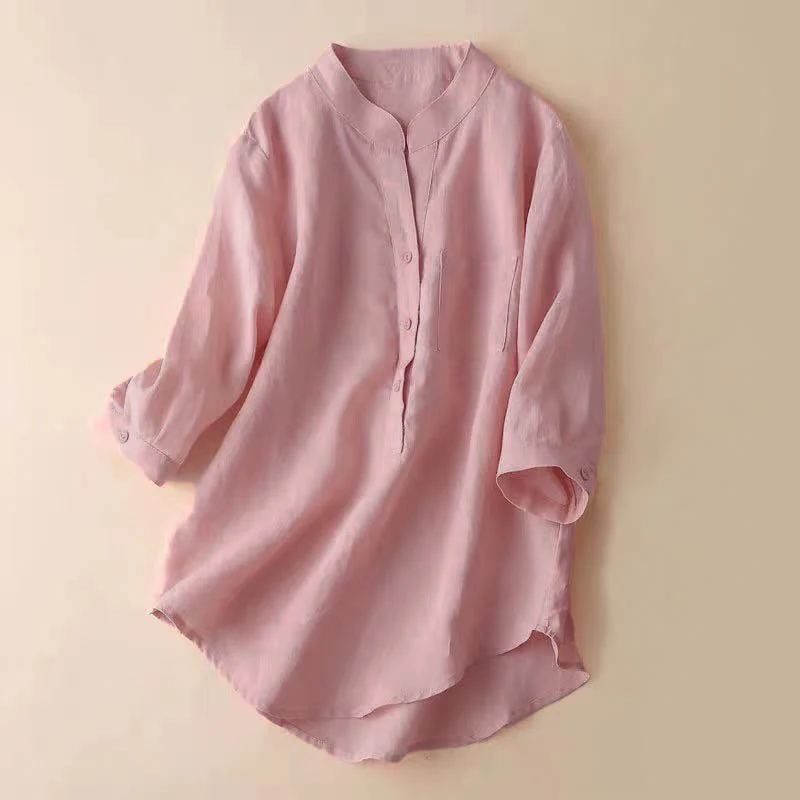 Buddha Stones Casual Women's V-neck Three Quarter Sleeve Design Plain Cotton Linen Shirt