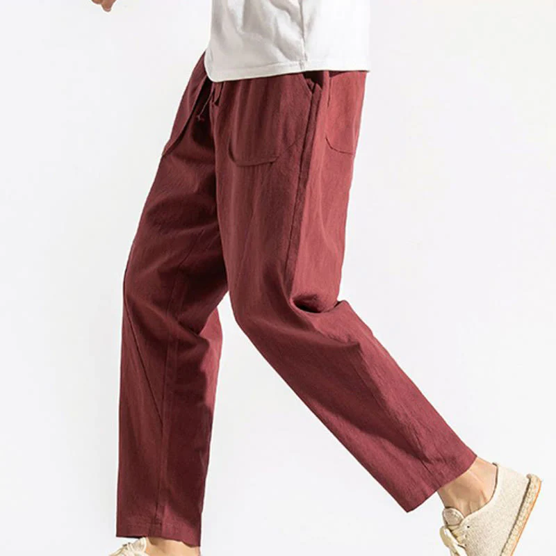 Buddha Stones Retro Casual Drawstring Design Men's Harem Cotton Plain Pants With Pockets