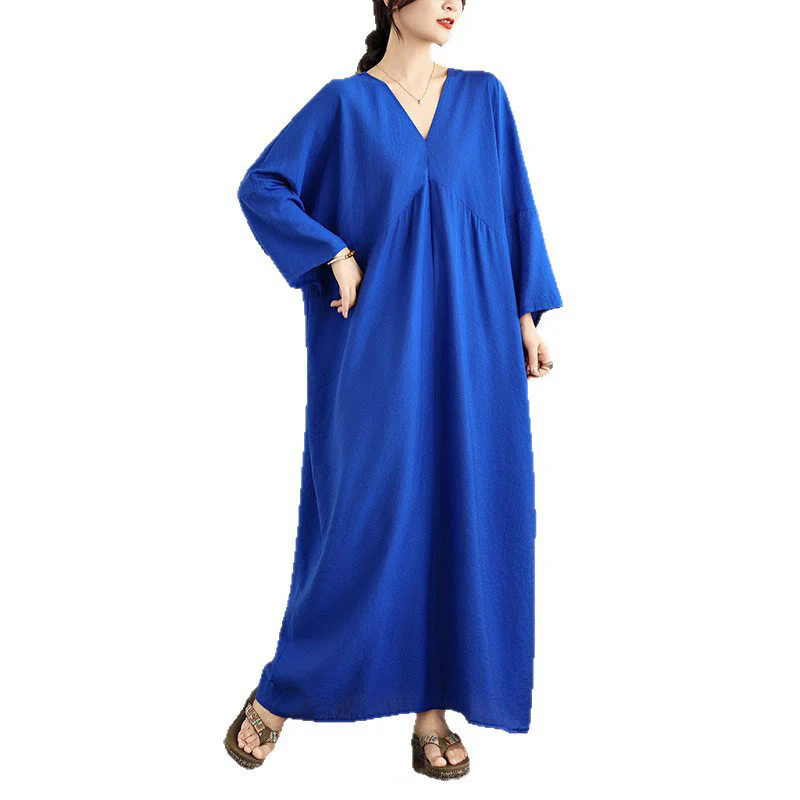 Buddha Stones Fall Casual V-Neck Long Sleeve Cotton Midi Dress