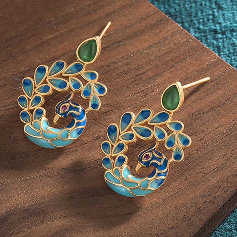 Buddha Stones Natural White Peacock Green Agate Fortune Earrings