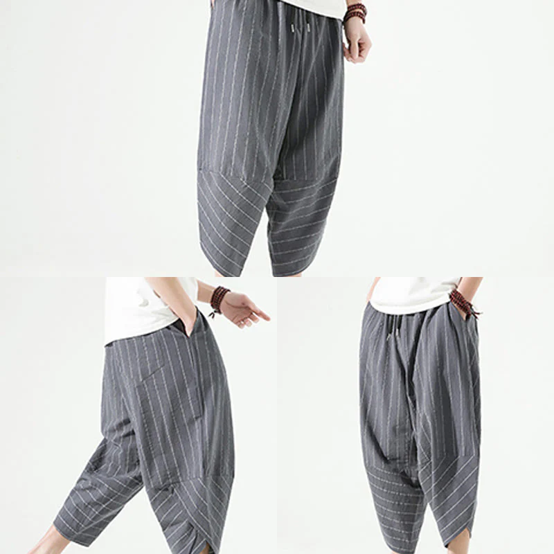 Buddha Stones Casual Plain Stripes Pattern Drawstring Men's 7-8 Length Cotton Linen Harem Pants With Pockets