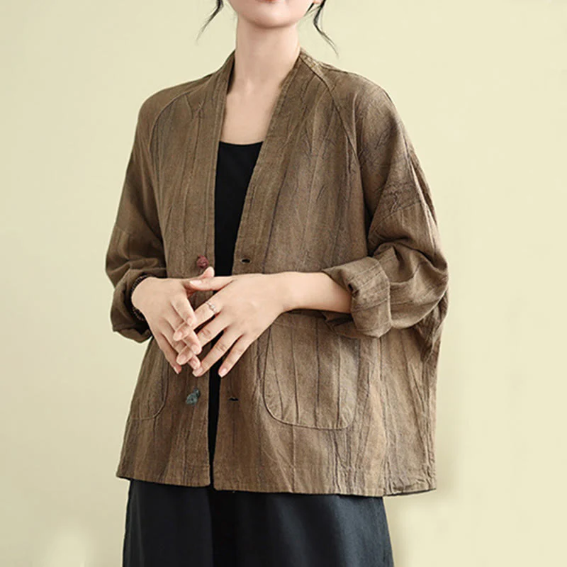 Buddha Stones Plain Long Sleeve Women's Cotton Linen Jacket With Pockets