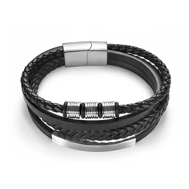 Buddha Stones Fashion Titanium Steel Leather Hand Woven Magnetic Buckle Strengthen Bracelet