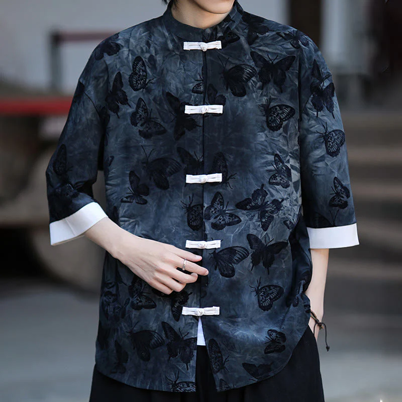Buddha Stones Jacquard Butterfly Pattern White Frog-Button Design Stand Collar Men's Three Quarter Sleeve Cotton Shirt Cardigan