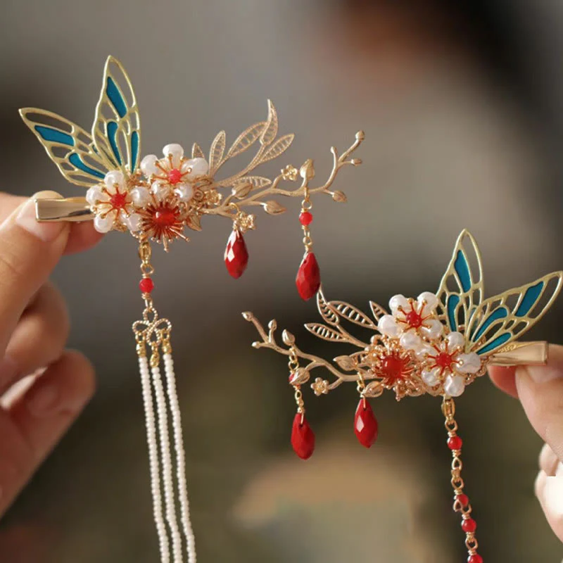 Buddha Stones Classical Chinese Style Flower Branche Butterfly Pearl Tassel Hair Clip Hair Comb Hair Crown