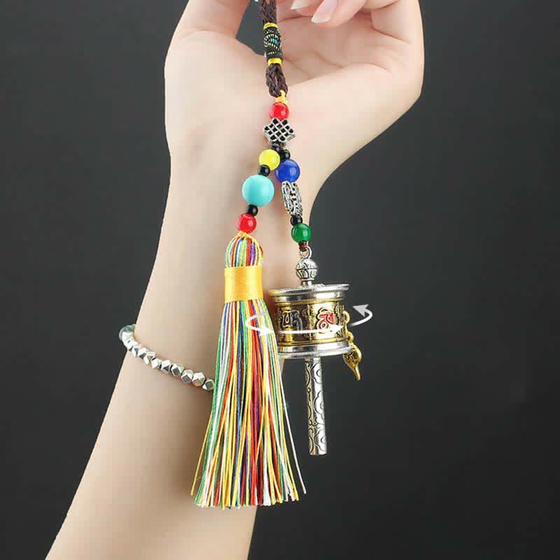 Buddha Stones Tibet Om Mani Padme Hum Prayer Wheel Tassel Bag Car Hanging Decoration