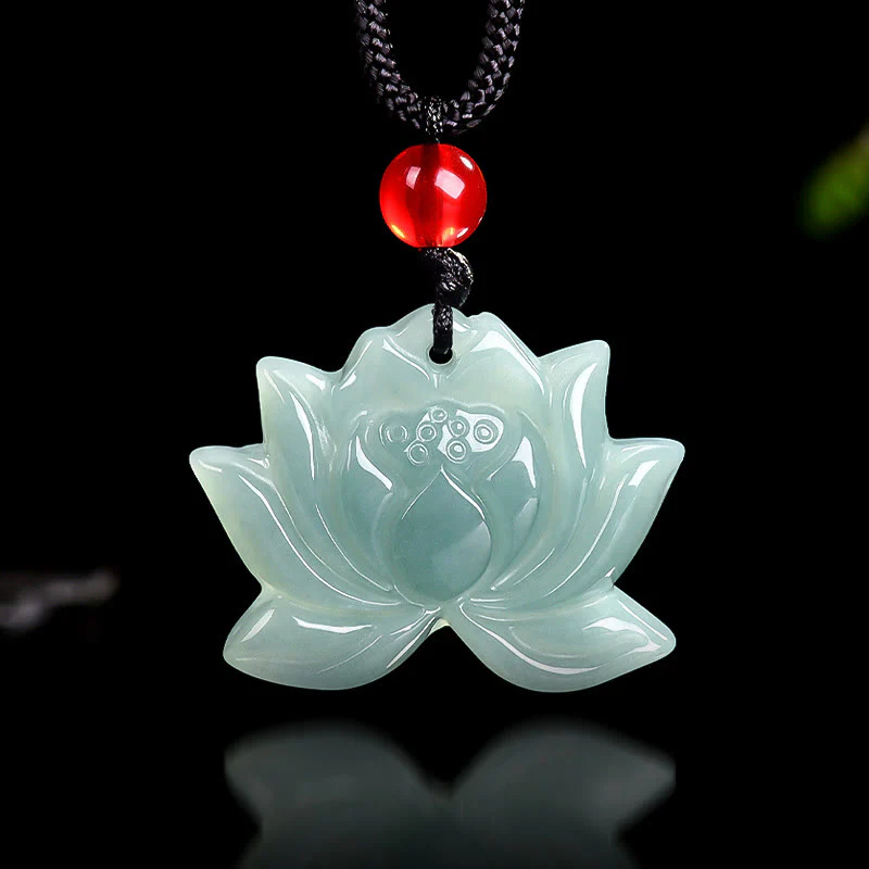Buddha Stones Lotus Flower Pattern Carved Jade Prosperity Necklace Pendant