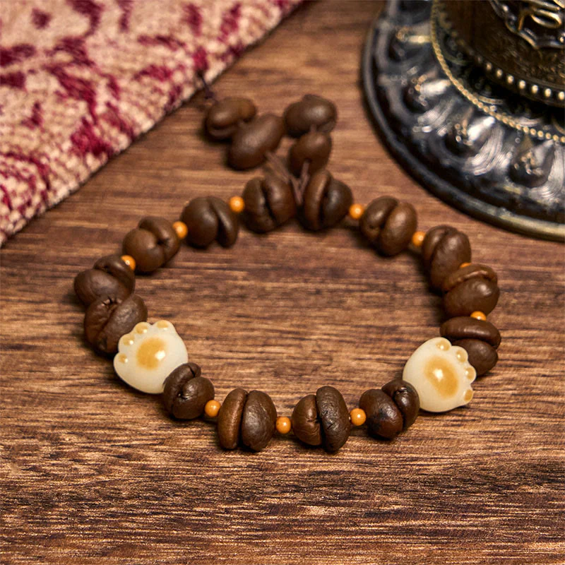 Buddha Stones Handmade Natural Coffee Beans Cat Head Bodhi Seed Claw Paw Peace Bracelet
