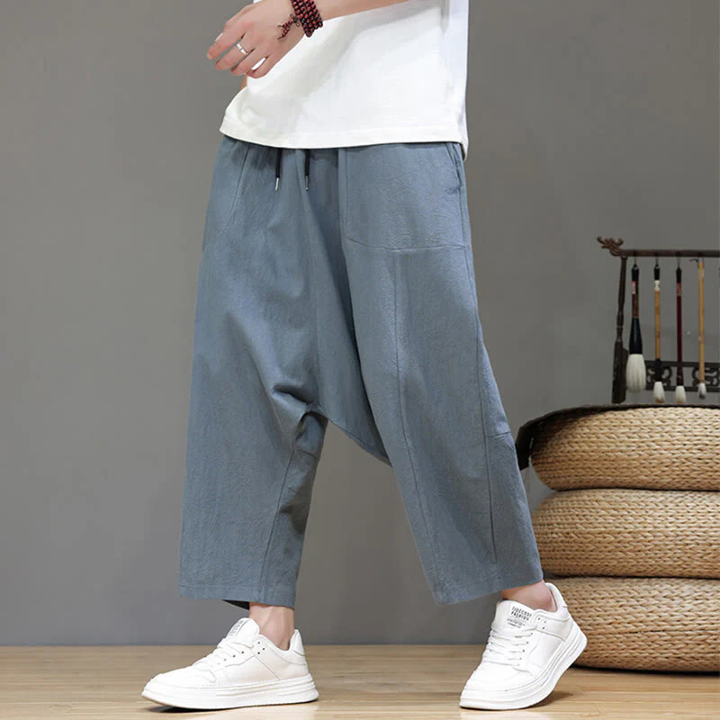 Buddha Stones Casual Plain Low Crotch Design Drawstring Men's Cotton Elastic Waistband Wide Leg Pants With Pockets