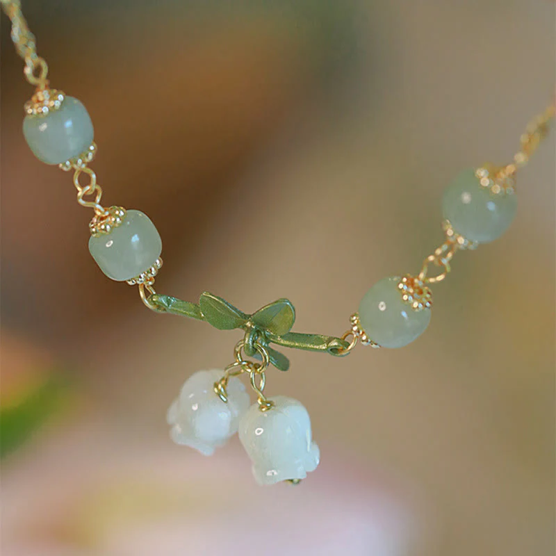 Buddha Stones Green Jade Bead Lily of the Valley Prosperity Chain Bracelet