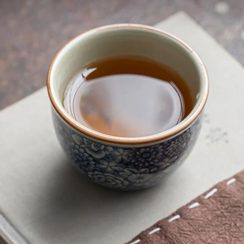 Buddha Stones Blue Lotus Peach Blossom Chrysanthemum Design Ceramic Teacup Kung Fu Tea Cups