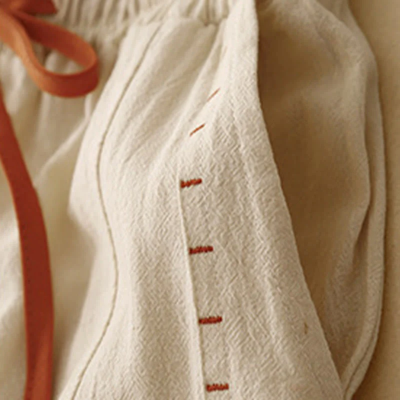 Buddha Stones Casual Simple Design Drawstring Split Cotton Linen Women's Wide Leg Pants With Pockets