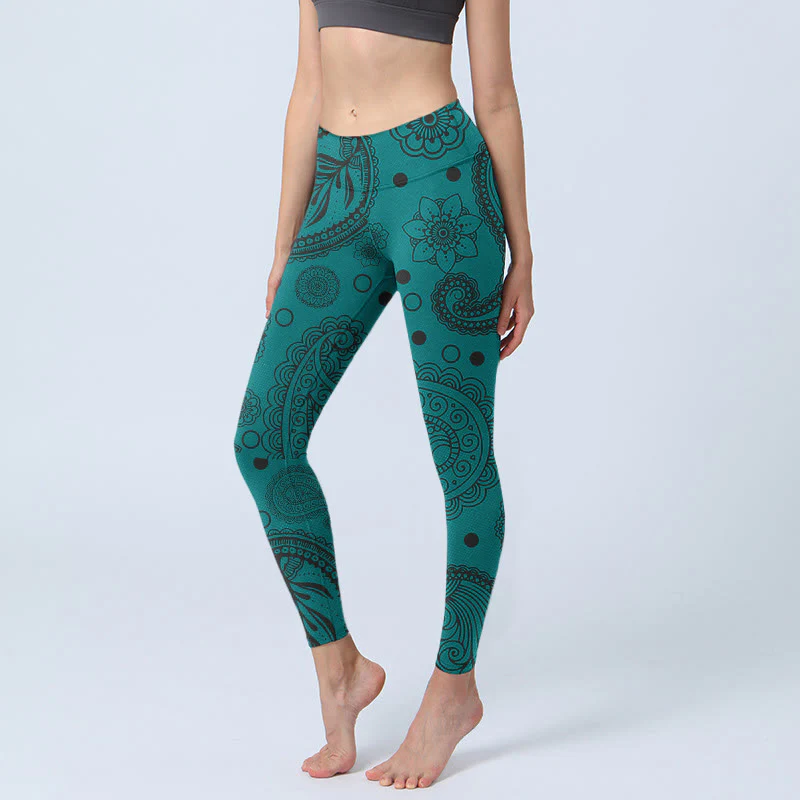 Buddha Stones Deep Green Cashew Flower Petals Print Gym Leggings Women's Yoga Pants